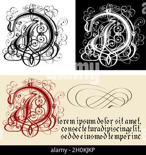 Decorative Gothic Letter D. Uncial Fraktur calligraphy. Vector Eps-8 separated by groups and layers for easy edit. Stock Vector