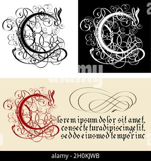 Decorative Gothic Letter C. Uncial Fraktur calligraphy. Vector Eps-8 separated by groups and layers for easy edit. Stock Vector