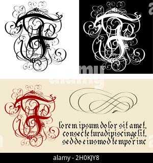 Decorative Gothic Letter F. Uncial Fraktur calligraphy. Vector Eps-8 separated by groups and layers for easy edit. Stock Vector