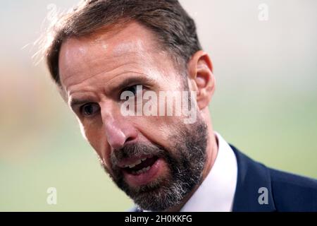 File photo dated 09-10-2021 of England manager Gareth Southgate is interviewed after the FIFA World Cup Qualifying match at Estadi Nacional, Andorra. Gareth Southgate will pore over an 'unusually disjointed performance' against Hungary to ensure England put it right and wrap up World Cup qualification next month. Issue date: Wednesday October 13, 2021. Stock Photo