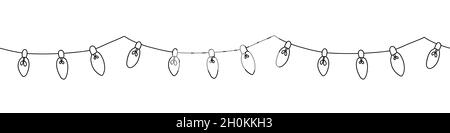 Seamless border Christmas holiday lights. Repeating pattern line art coloring light bulbs garland for Christmas holiday cards, banners, footer, header Stock Vector