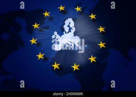 3D illustration. Europe. European Union Flag. Circle of yellow stars on Europe map background. Stock Photo