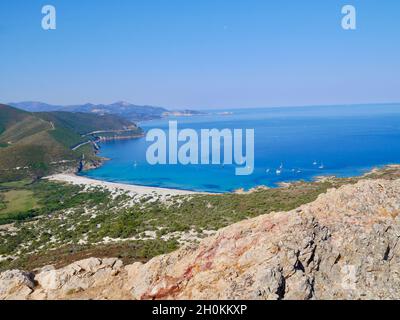 Aerial view of beautiful Ostriconi beach and Gulf of Saint Florent seen from Punta Liatoghju. Desert des Agriates, Corsica. Stock Photo