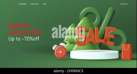 Christmas green banner with 3d render composition of podium with volume sale letters, Christmas tree with shopping bag and clock,time for holiday Stock Vector
