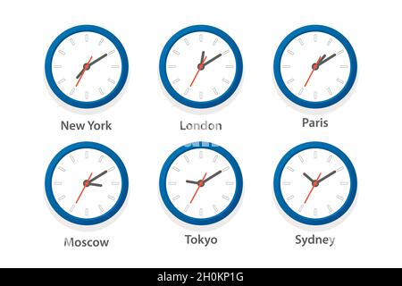 Flat Vector Wall Office Clock Icon Set. Time Zones of Different Cities, White Dial. Design Template of Wall Clock, Timezones. Closeup. Top, Front View Stock Vector