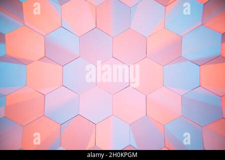 The orange and blue two-color light changes the effect through the six-ling mirror. Hexagonal light effect changing background. Stock Photo