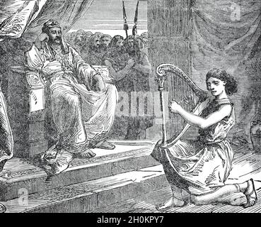 A late 19th Century illustration from the Book of Samuel, in the old Testament, when an “evil spirit from the Lord” plagued King Saul, making him agitated and fearful of persecution. Because music was thought to have a therapeutic effect, the king summoned the hero and warrior David, who was renowned for his skill with the harp. In this scene of intense psychological drama, David tries to soothe the troubled king. David’s pleasing performances would eventually lead to him succeeding Saul as the king of Israel. Stock Photo