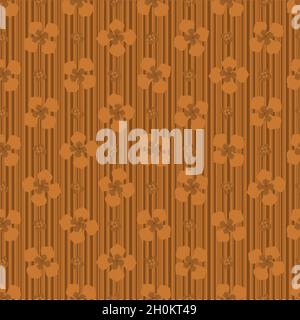 Abstract buddleia blossom and stripes seamless vector pattern background. Monochrome ochre backdrop with scattered petals and dense bar code stripes Stock Vector