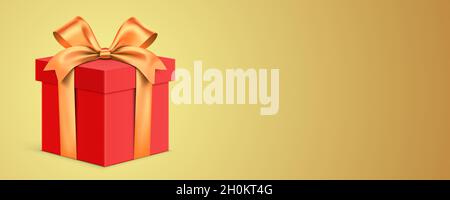 Red gift box wrapped with golden ribbon, standing on a gold gradient background with copy space. Stock Vector