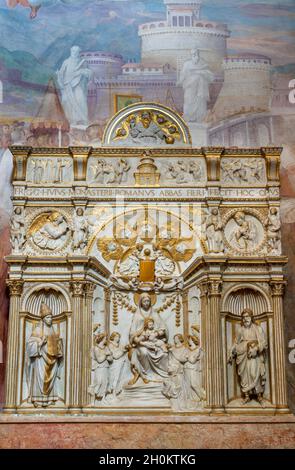 ROME, ITALY - AUGUST 30, 2021: The renaissance relief of Madonna in the church Chiesa di San Gregorio al Cielo and Cappella Salviati by Andrea Bregno Stock Photo