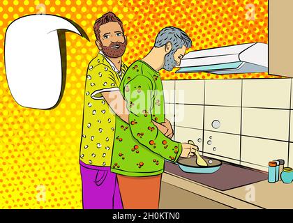 Two young handsome gay couple cook at home in the kitchen. Cooking breakfast. Home activism, cooking, recipes, staying at home in a good mood. Vector Stock Vector
