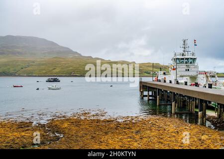 SCONSER, ISLE OF SKYE - SEPTEMBER 17, 2021: Ferry from Sconser, near the mouth of Loch Sligachan takes visitors on a 15 minute journey from Isle of Sk Stock Photo