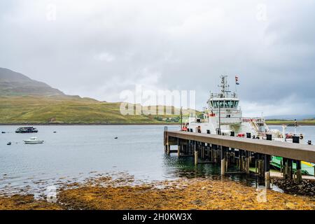 SCONSER, ISLE OF SKYE - SEPTEMBER 17, 2021: Ferry from Sconser, near the mouth of Loch Sligachan takes visitors on a 15 minute journey from Isle of Sk Stock Photo