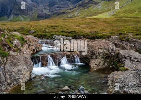 Fairy Pools and cascades on the River Brittle at foot of the Black Cuillins, Isle of Skye, Scotland. Long exposure Stock Photo