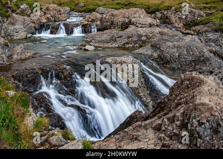 Fairy Pools and cascades on the River Brittle at foot of the Black Cuillins, Isle of Skye, Scotland. Long exposure Stock Photo