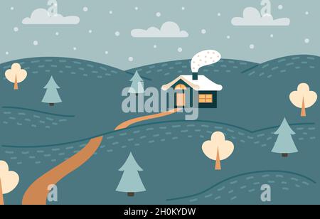 Winter landscape with fir trees and trees in the snow. A country house with smoke from the chimney. Stock Vector