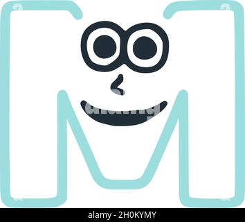 Letter m happy eccentric smiling character, smiley face vector clip art Stock Vector