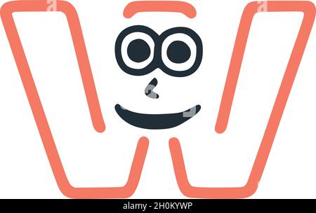 Letter w happy eccentric smiling character, smiley face vector clip art Stock Vector