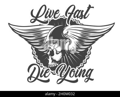 Emblem of Skull in Biker Helmet with Wings and wording Live Fast Die Young isolated on White Vector illustration. Stock Vector