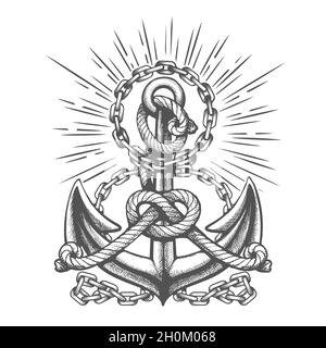 Anchor with Ropes and Chains nautical Tattoo in engraving style. Vector illustration. Stock Vector