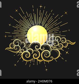 Hand drawn Sun and Clous in the sky on black background. Decorative graphic design in oriental style. Vector illustration Stock Vector