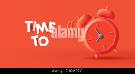 red background with red 3d render clock illustration and text time to Stock Vector
