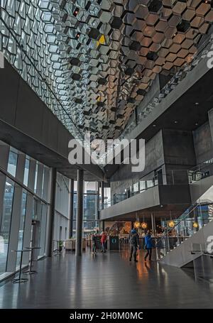 Reykjavik, Iceland – September 22, 2021:  View from the interior of the Harpa Concert Hall and Conference Center Stock Photo