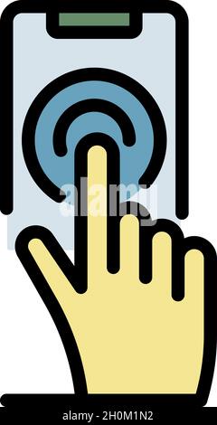Finger presses smartphone icon. Outline finger presses smartphone vector icon color flat isolated Stock Vector