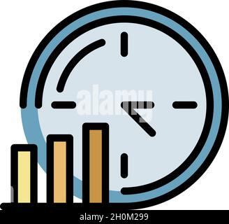 Chart and clock icon. Outline chart and clock vector icon color flat isolated Stock Vector