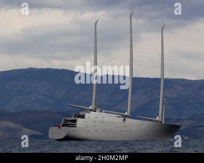 The world's largest yacht 'Sailing Yacht A' anchored off shore in Garitsa Bay, Corfu, Greece Stock Photo