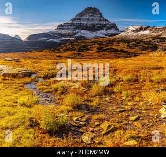 Small Lakes and Snow Capped Reynolds Mountain With Fall Color, Glacier National Park, Montana, USA Stock Photo