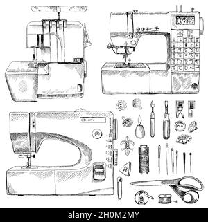 Tailor Shop Hand Drawn Equipment Set with sewing-machine Stock Vector