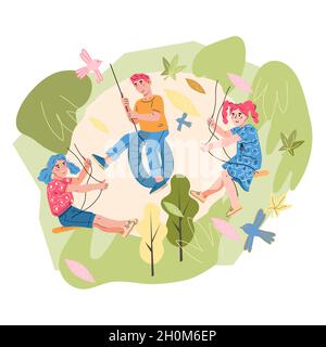 Decorative banner with children swinging on swing in playground, flat vector. Stock Vector