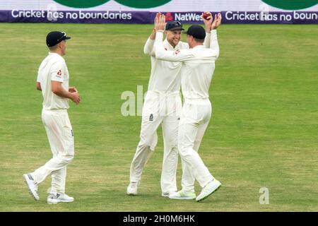 England captain Joe Root celebrates taking the catch of Pakistan’s Mohammad Abbas off the bowling of England’s Stuart Broad