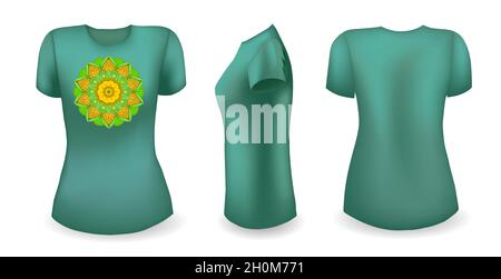 Green female t shirt with mandala. Front, back and side view. Vector Stock Vector