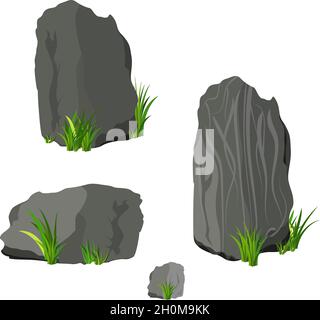 Vector rock stone and grass set cartoon. Stones and rocks in isometric 3d flat style. Set of different boulders. Cartoon or Video Game props illustrat Stock Vector