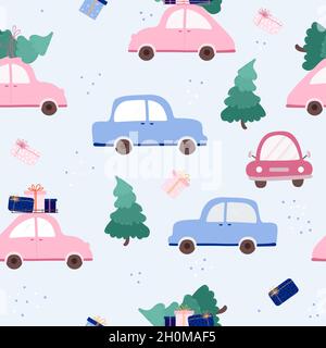 Seamless pattern. Cute cars with Christmas tree and gifts on light blue background. Vector illustration. Hand drawing for New Year and Christmas decor Stock Vector