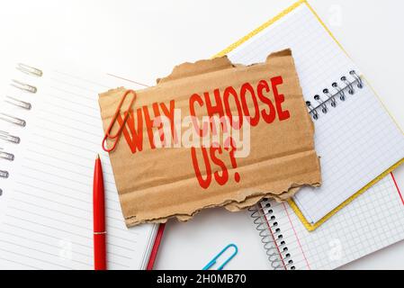 Text caption presenting Why Choose Us Question. Word Written on list of advantages and disadvantages to select product service Colorful Perpective Stock Photo