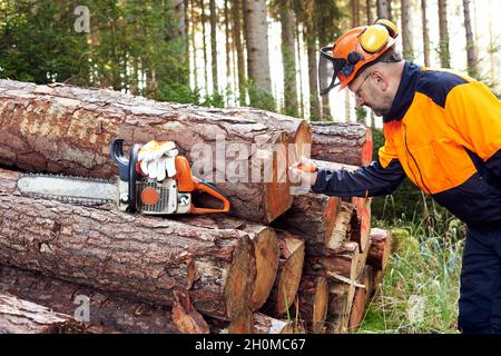Professional lumberjack with protective workwear and chainsaw working in a forest Stock Photo
