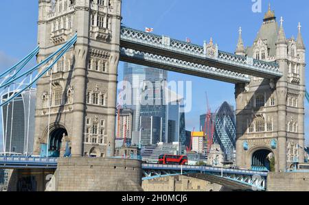 London, UK. 13th Oct, 2021. View of the Tower Bridge as seen from Butler's Wharf Pier, London. (Credit Image: © Thomas Krych/SOPA Images via ZUMA Press Wire) Stock Photo