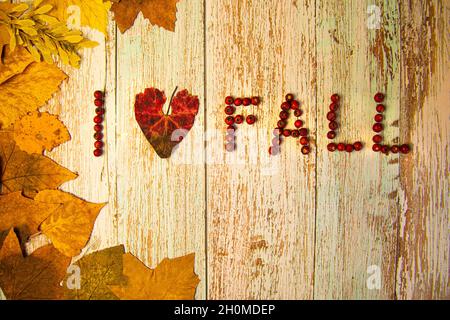 the inscription I love fall" on a blue wooden table decorated with autumn yellow leaves Stock Photo
