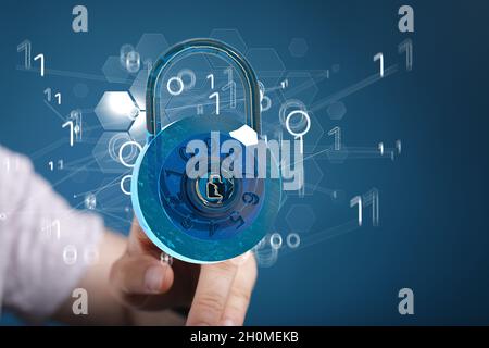 Hand touching 3d lock Stock Photo