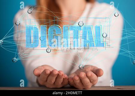 Woman holding 2D word Stock Photo