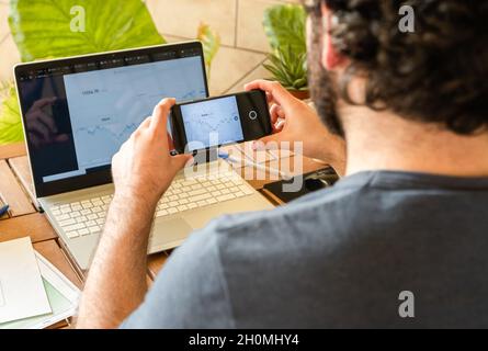 Young man using smartphone to take photo of charts on computer while sitting at table and investing in stock market at home office full of plants. Stock Photo