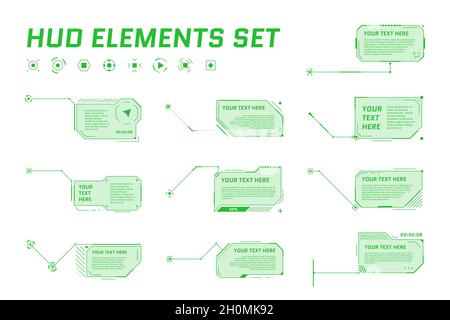 HUD futuristic style callout titles on white background. Infographic call arrow box bars and modern digital info green frame layout templates. Interface UI and GUI element set. Vector eps illustration Stock Vector