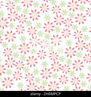 Seamless pattern with pink and green flowers on a White Background. Stock Vector