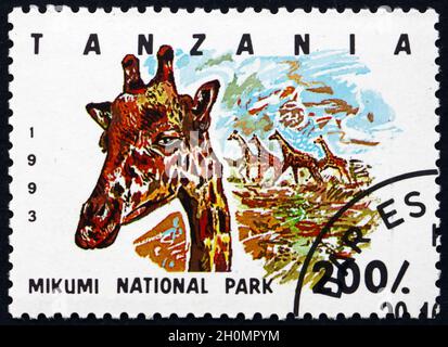 TANZANIA - CIRCA 1993: a stamp printed in Tanzania shows Giraffe (giraffa camelopardalis), Mikumi national park, circa 1993 Stock Photo
