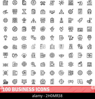 100 business icons set. Outline illustration of 100 business icons vector set isolated on white background Stock Vector