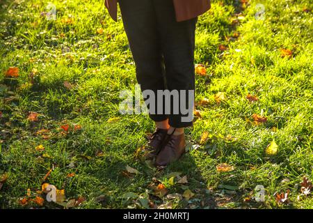 Female legs in capri pants and brogues shoes on green grass with bright leaves. Bright stylish woman in orange coat walking in october park. Stock Photo