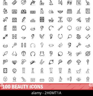 100 beauty icons set. Outline illustration of 100 beauty icons vector set isolated on white background Stock Vector